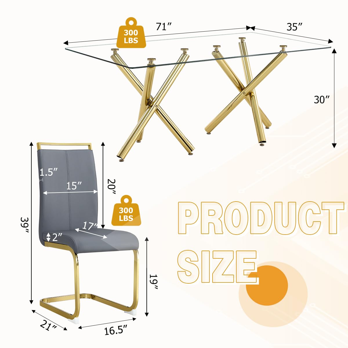 AZmac Modern Dining Table Set for 8 with Gold Metal Frame, 9-Piece Glass Dining Table with PU High Back Chairs for Kitchen Dining Room, Glass Table and 8 White Chairs