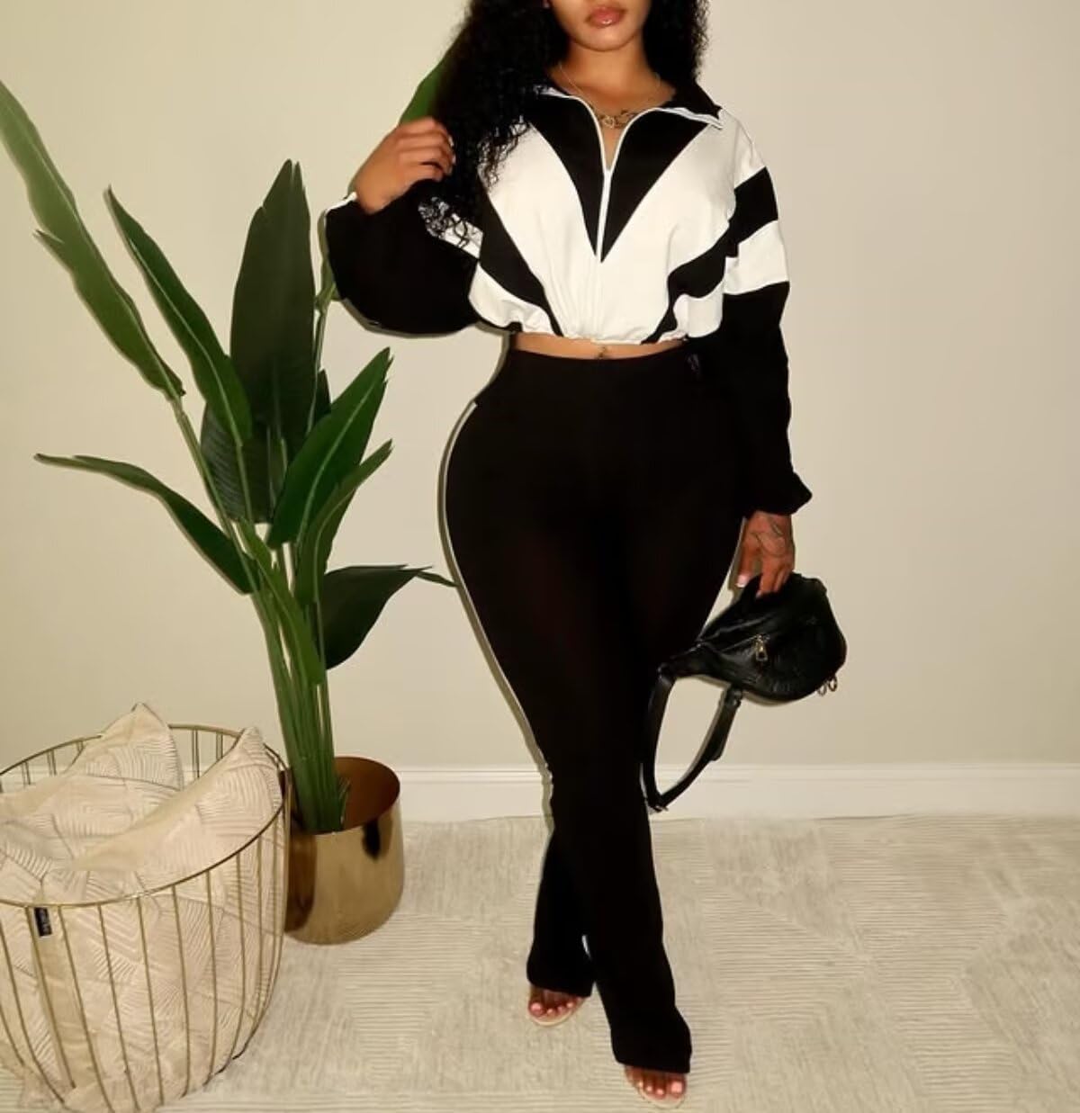 Remelon Womens 2 Piece Sweatsuits Color Block Long Sleeve Zipper Cropped Jacket Legging Pants Set Tracksuit Jogger Outfits