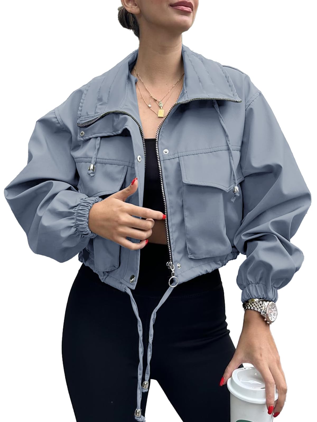 Tankaneo Womens Cropped Jacket Zip Up Lightweight Oversized Utility Anorak