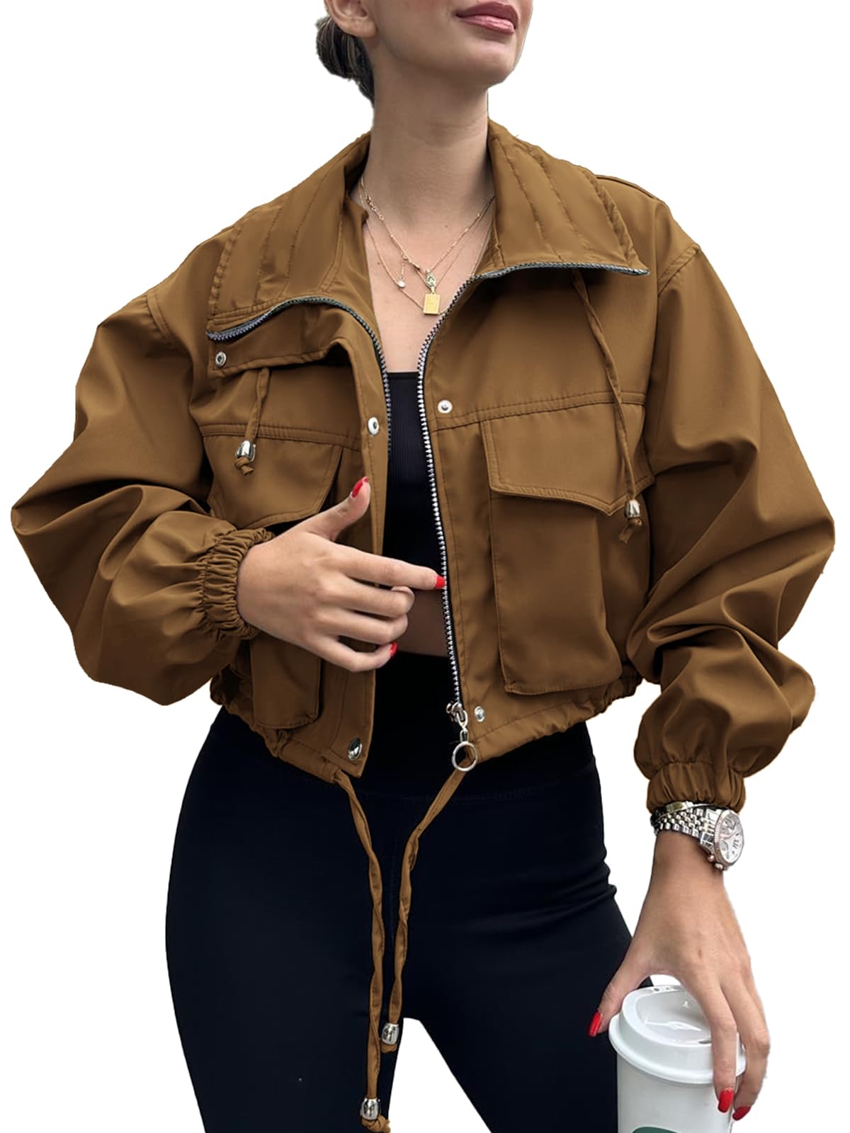 Tankaneo Womens Cropped Jacket Zip Up Lightweight Oversized Utility Anorak