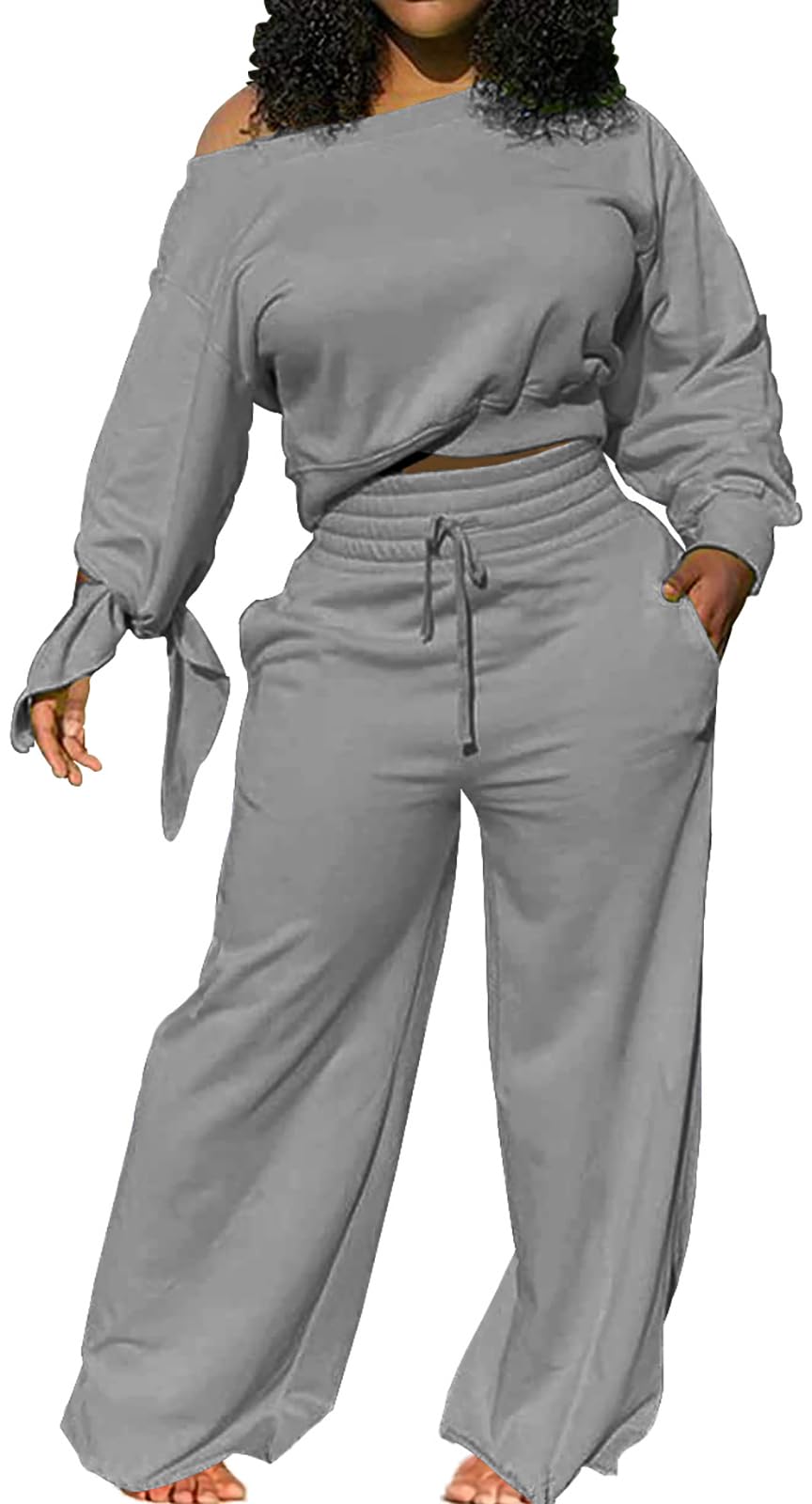 sexycherry Casual 2 Piece Outfits for Women Sexy Long Sleeve Sweatsuit Jogging Long Pants Sets Tracksuit with Pockets