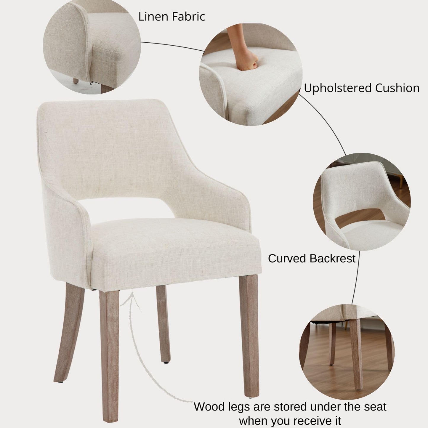 Linen Dining Chairs Set of 4 Upholstered Accent Chairs Side Chair with Wood Legs for Living Room/Dining Room/Bedroom/Restaurant, Cream