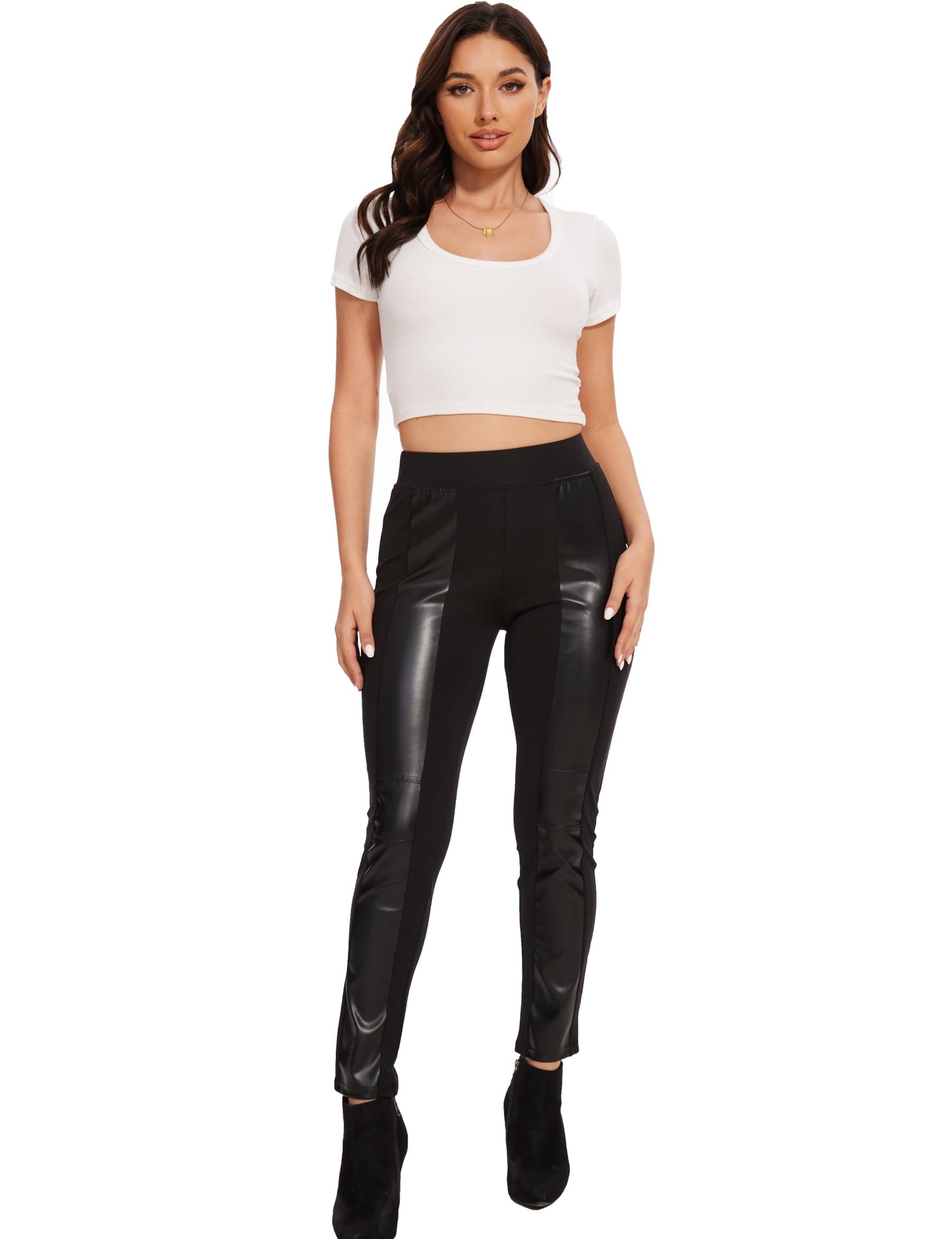 Faux Leather Leggings for Women Pleather Pant Elastic Mid Waisted Stretchy Patch Zip Tights