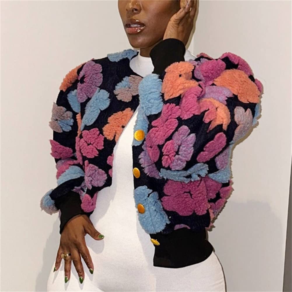 HOULENGS Women's Cropped Floral Print Fleece Bomber Jacket Casual Puff Sleeve Button Down Coats Winter Warm Outerwears