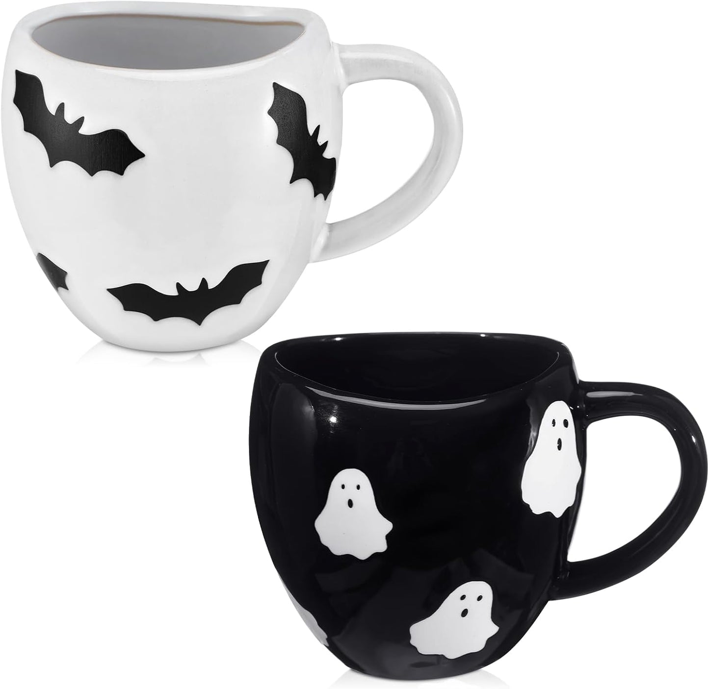 2 Pack Halloween Coffee Mug 14 oz Ceramic Ghost Bat Mug Black White Ghost Bat Drinking Cups Cute Holiday Cup Sets for Halloween Party Table Centerpieces Housewarming Gift