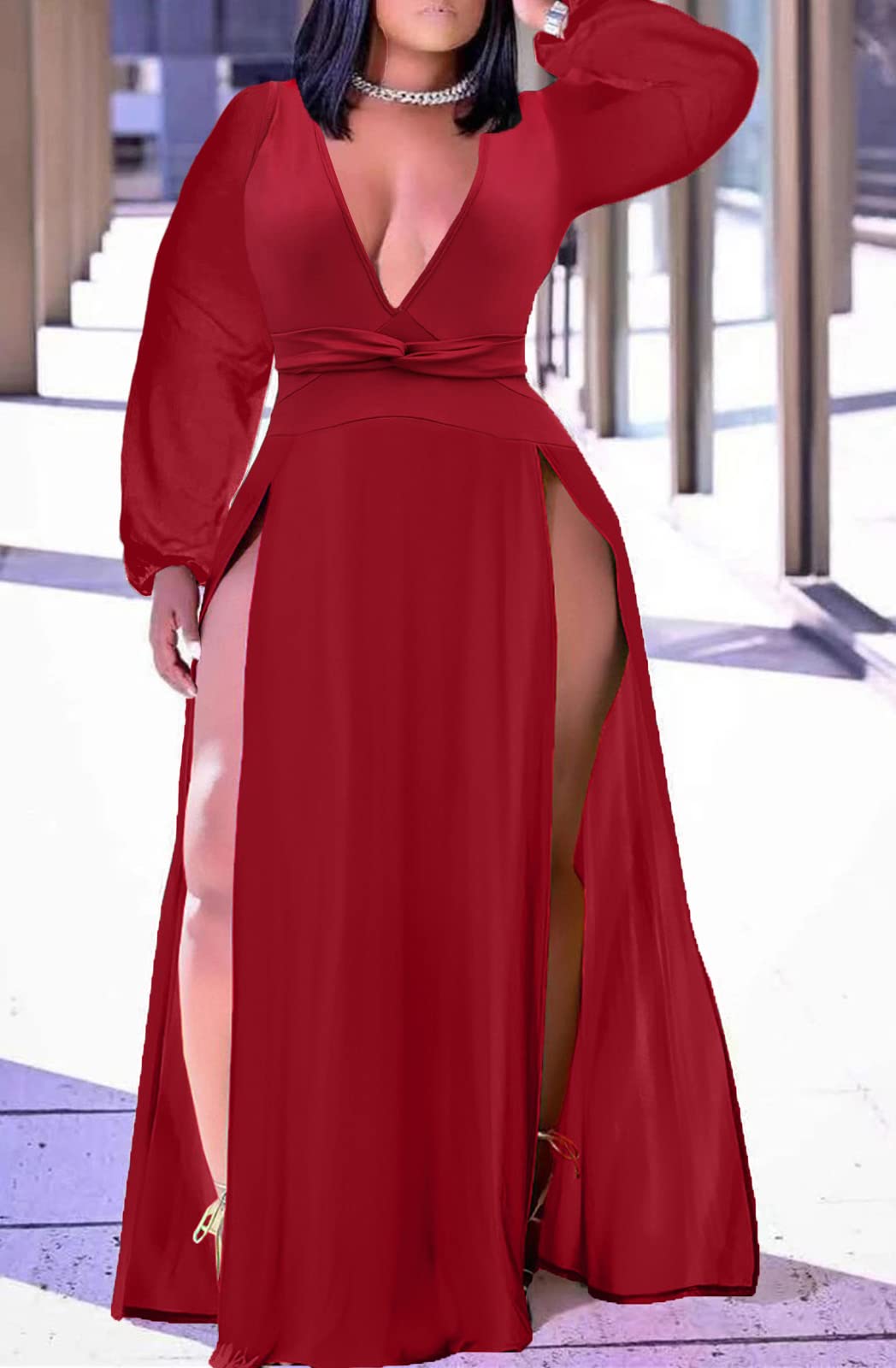 Women's Plus Size Maxi Wrap Dress Sleeveless Deep V Neck Split Dress