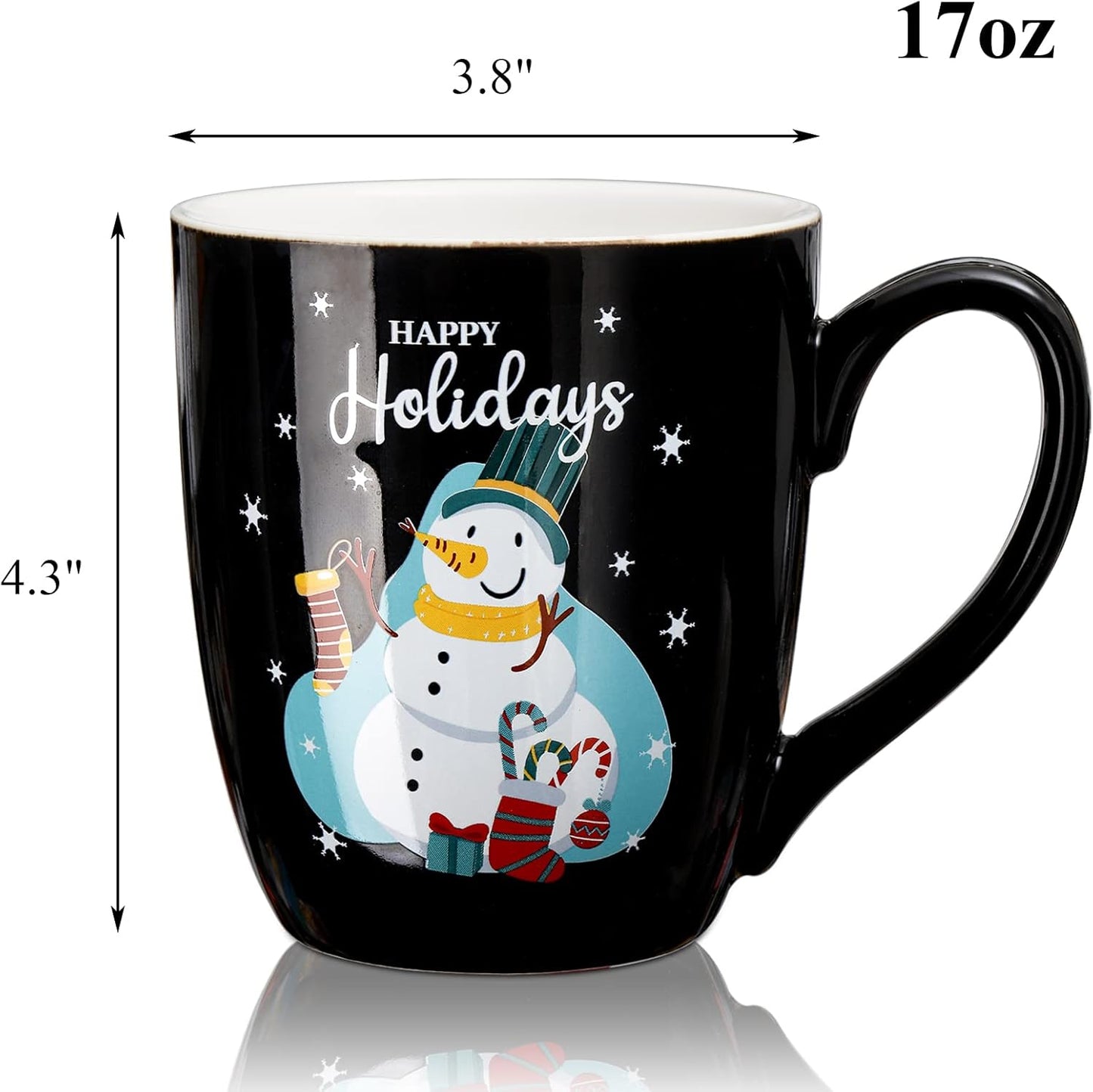 Hiceeden Set of 6 Large Christmas Coffee Mugs, 17 Oz Ceramic Santa Mugs Holiday Funny Novelty Mugs Snowman Christmas Tree for Aldult, Child, Gift, Beverage, Milk, Black