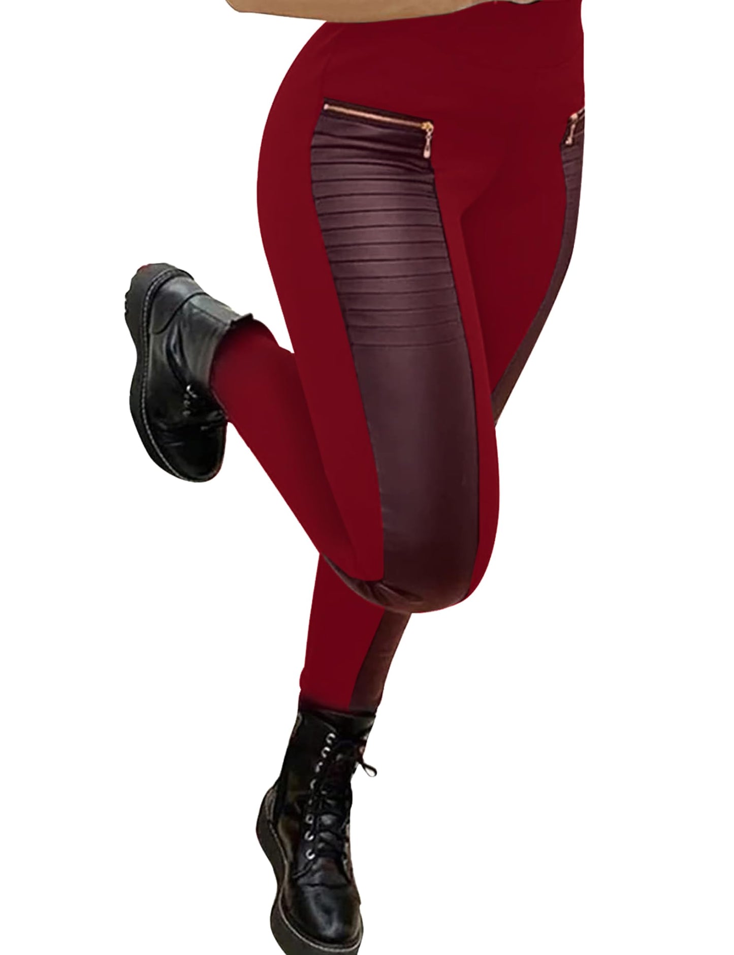 Faux Leather Leggings for Women Pleather Pant Elastic Mid Waisted Stretchy Patch Zip Tights