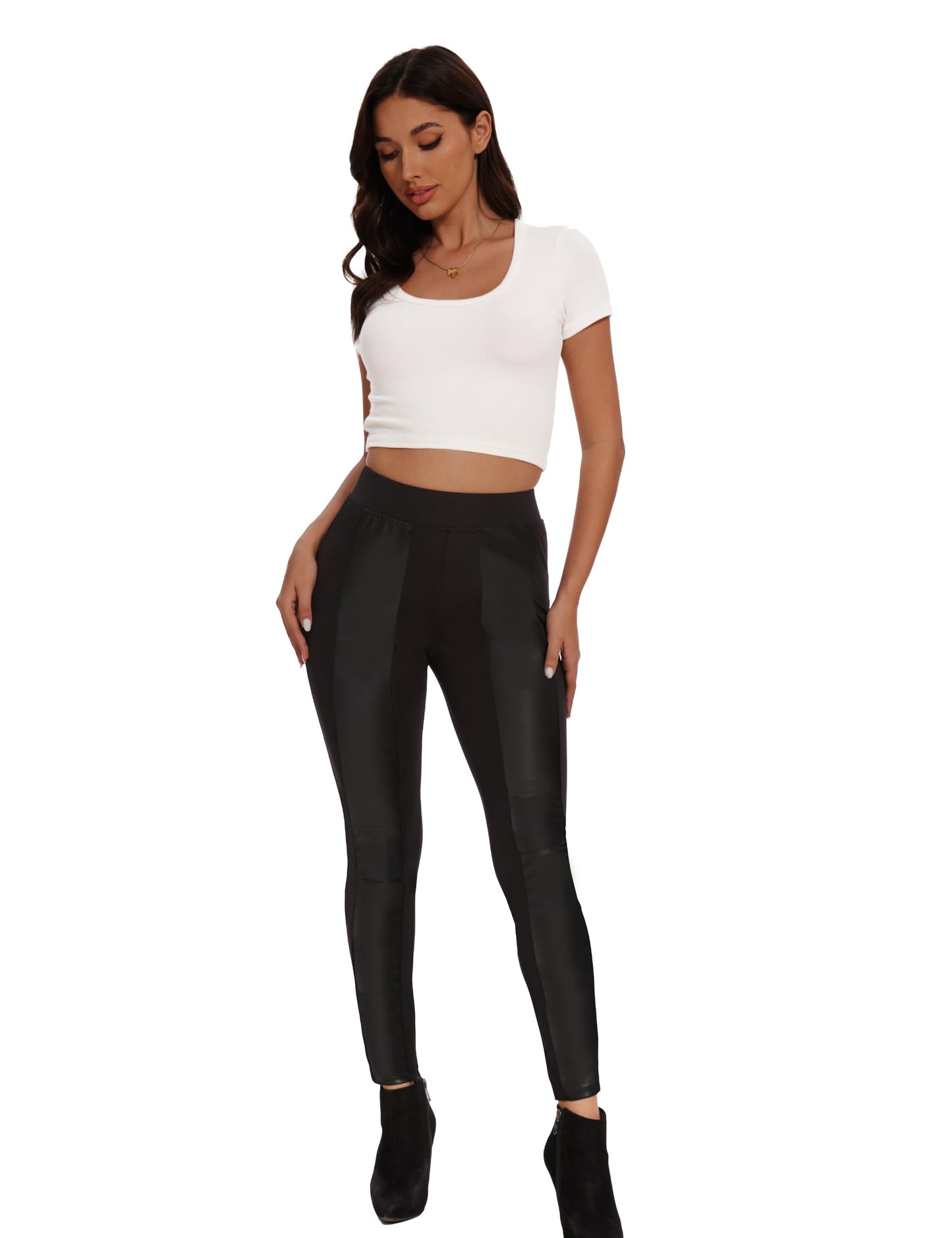 Faux Leather Leggings for Women Pleather Pant Elastic Mid Waisted Stretchy Patch Zip Tights