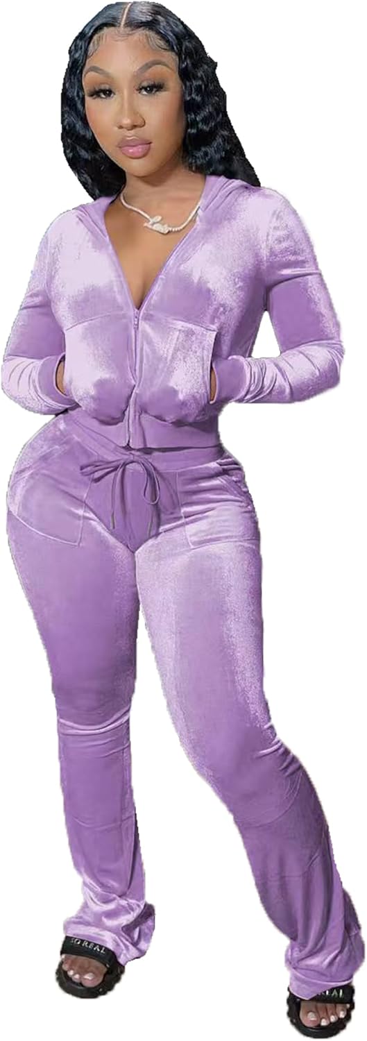 yidengymx Womens 2 Piece Velour Tracksuit Two Piece Outfits for Women Long Sleeve Zip Up Crop Tops Sweatpants Sets Pockets