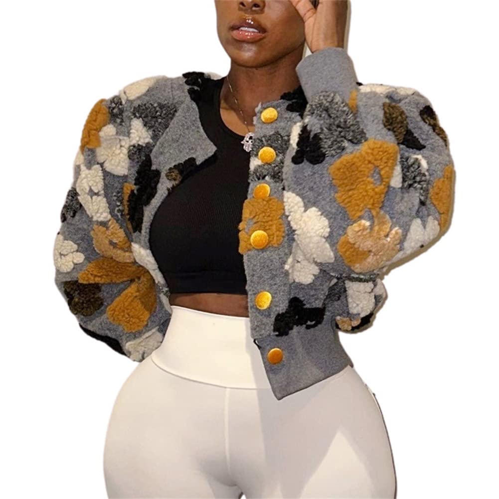 HOULENGS Women's Cropped Floral Print Fleece Bomber Jacket Casual Puff Sleeve Button Down Coats Winter Warm Outerwears
