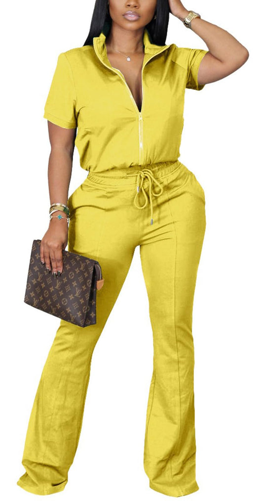 2 Piece Outfits for Women Short Sleeve Zipup Jacket Wide Leg Pants Retro Pure Color Tracksuit Sport Set Wine Red