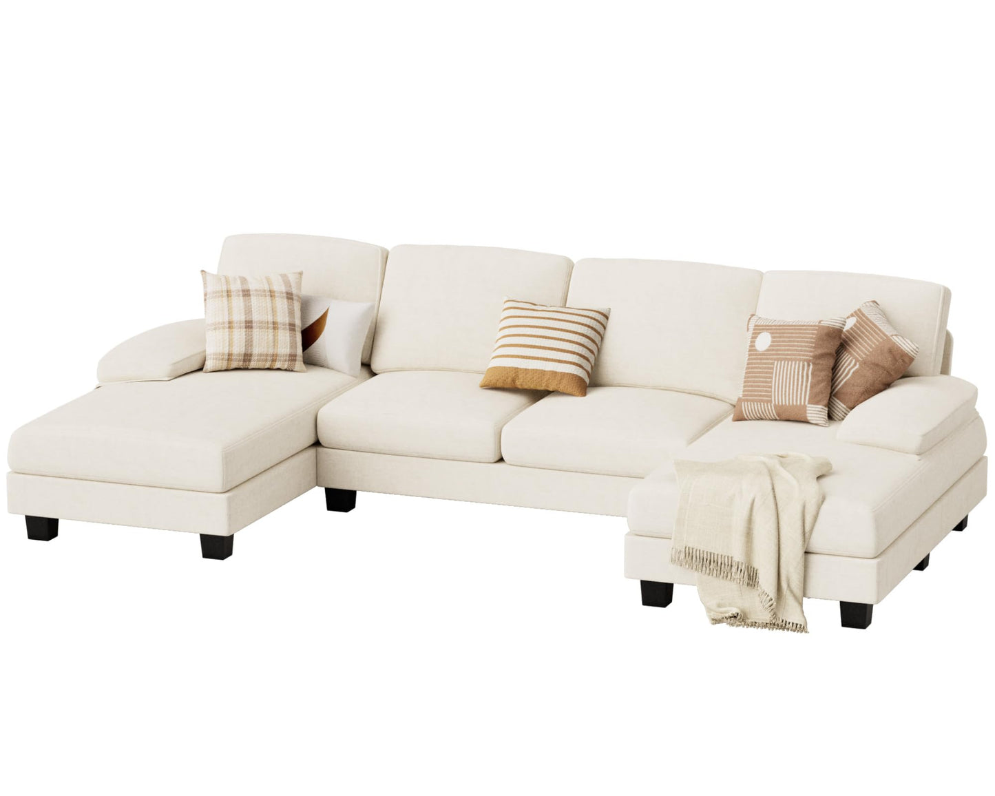 JUMMICO Sectional Couches for Living Room, U Shaped Couch with Chenille Fabric, 4 Seat Modern Sofa with Removable Pillows for Apartment and Small Space (Corduroy, Beige)