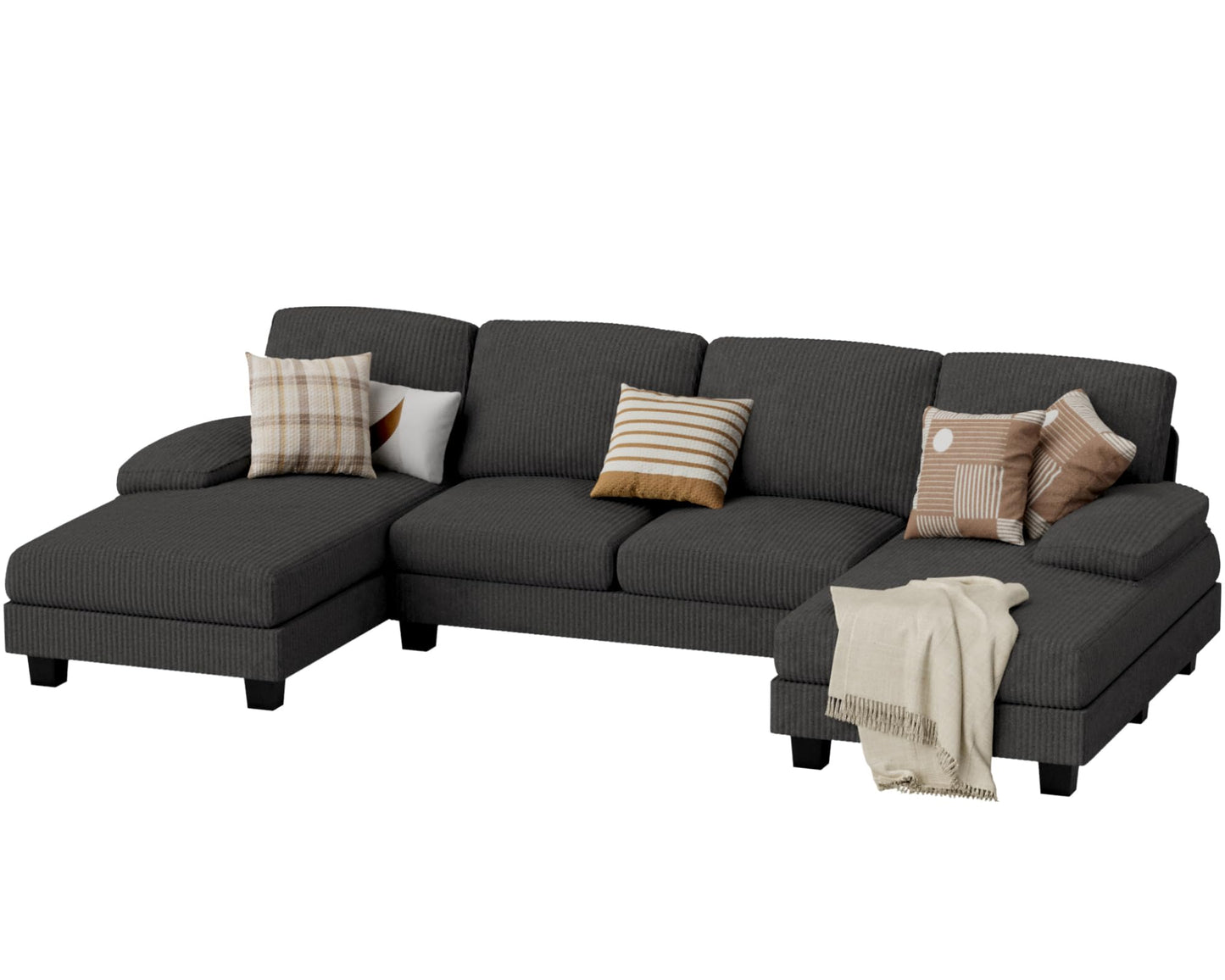 JUMMICO Sectional Couches for Living Room, U Shaped Couch with Chenille Fabric, 4 Seat Modern Sofa with Removable Pillows for Apartment and Small Space (Corduroy, Beige)