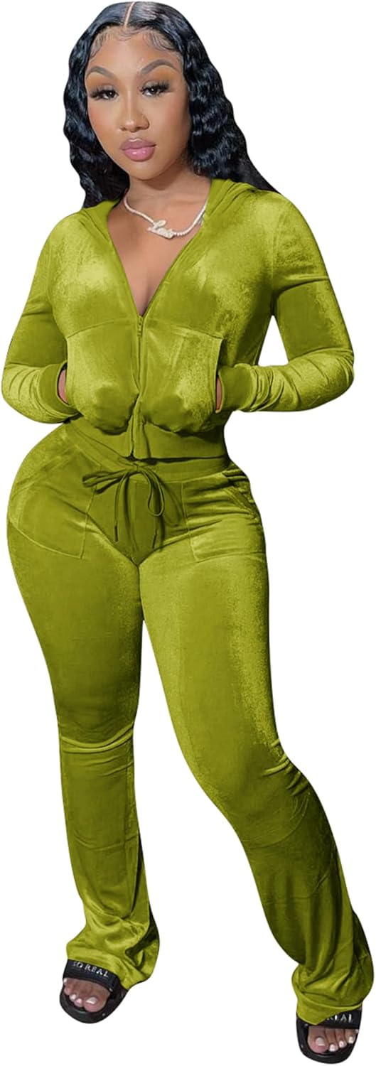 yidengymx Womens 2 Piece Velour Tracksuit Two Piece Outfits for Women Long Sleeve Zip Up Crop Tops Sweatpants Sets Pockets