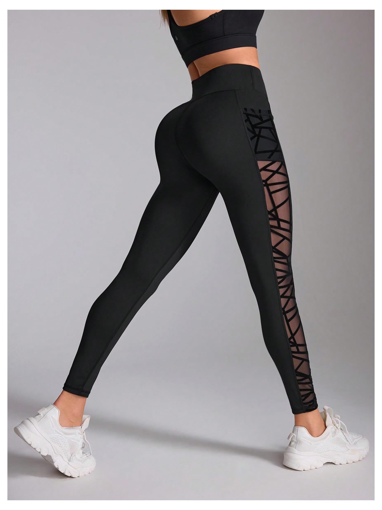 WDIRARA Women's Tummy Control Sheer High Waisted Leggings Stretchy Workout Yoga Pants