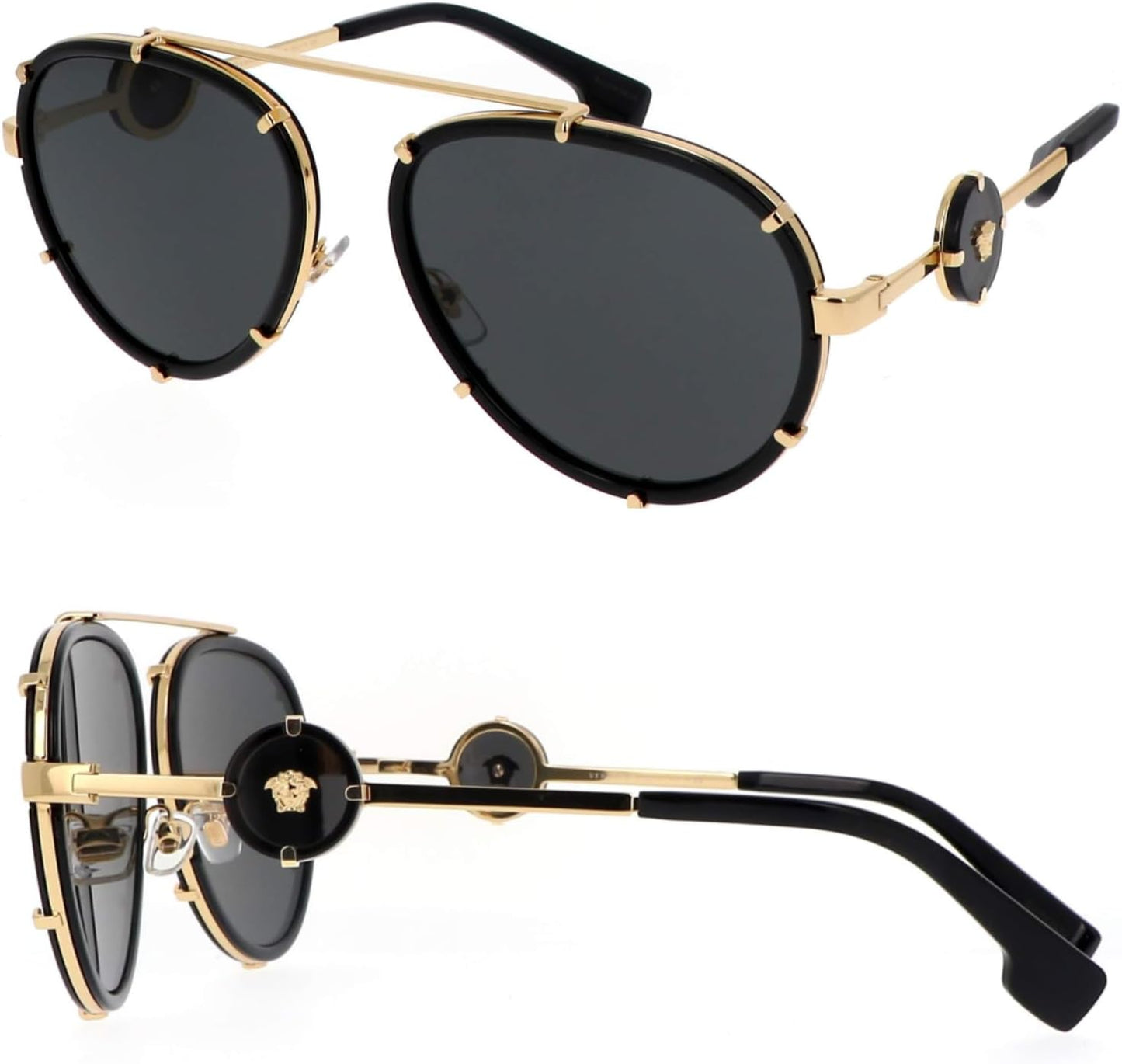 Versace VE2232 61mm Non-Polarized Aviator Sunglasses for Women – Black Metal Frame with Gold Temples, 100% UV Protection, Lightweight & Comfortable Sunglasses, eShades Eyewear Kit Included