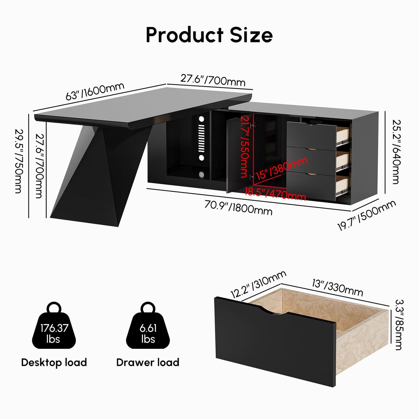 homary 70.9" Modern L-Shape Executive Desk, Home Office Desk with Drawers & Cabinet Modern Computer Desk for Home Business Furniture, Black, Right Hand