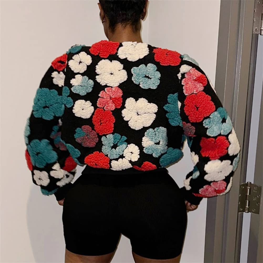 HOULENGS Women's Cropped Floral Print Fleece Bomber Jacket Casual Puff Sleeve Button Down Coats Winter Warm Outerwears