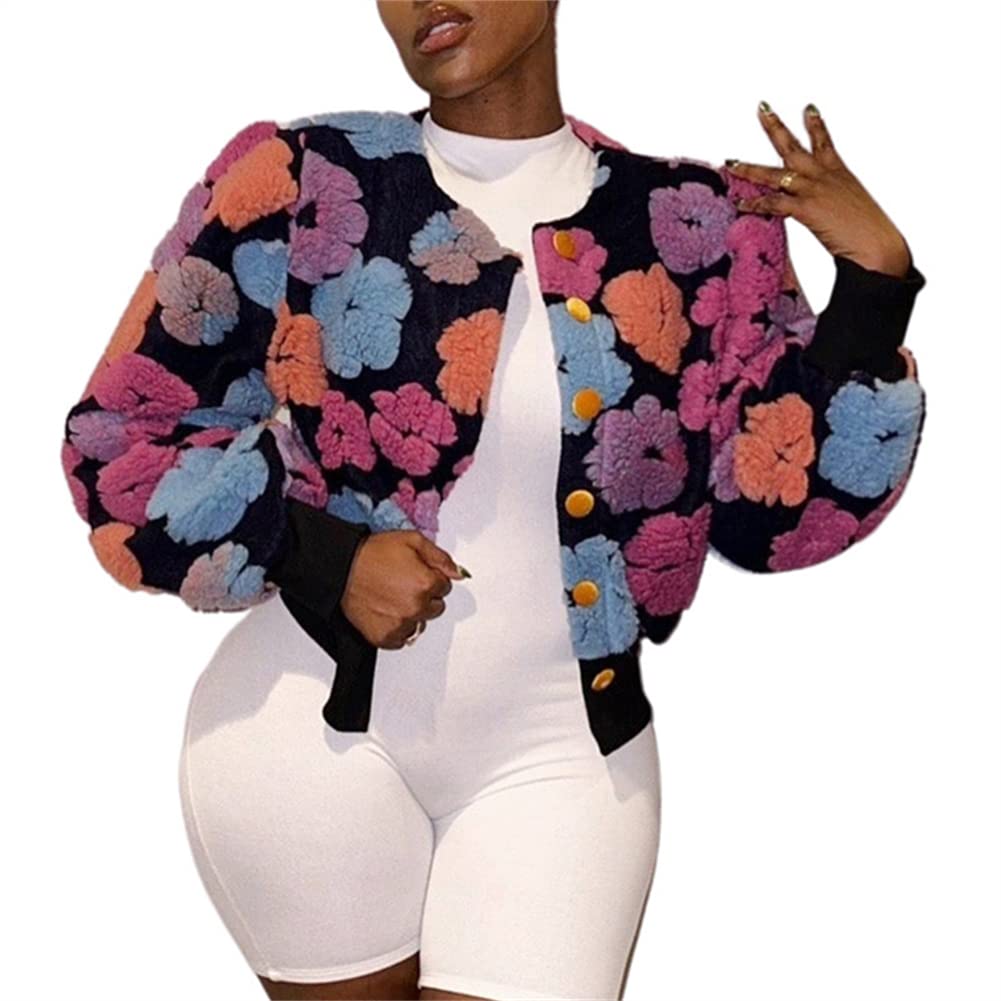 HOULENGS Women's Cropped Floral Print Fleece Bomber Jacket Casual Puff Sleeve Button Down Coats Winter Warm Outerwears