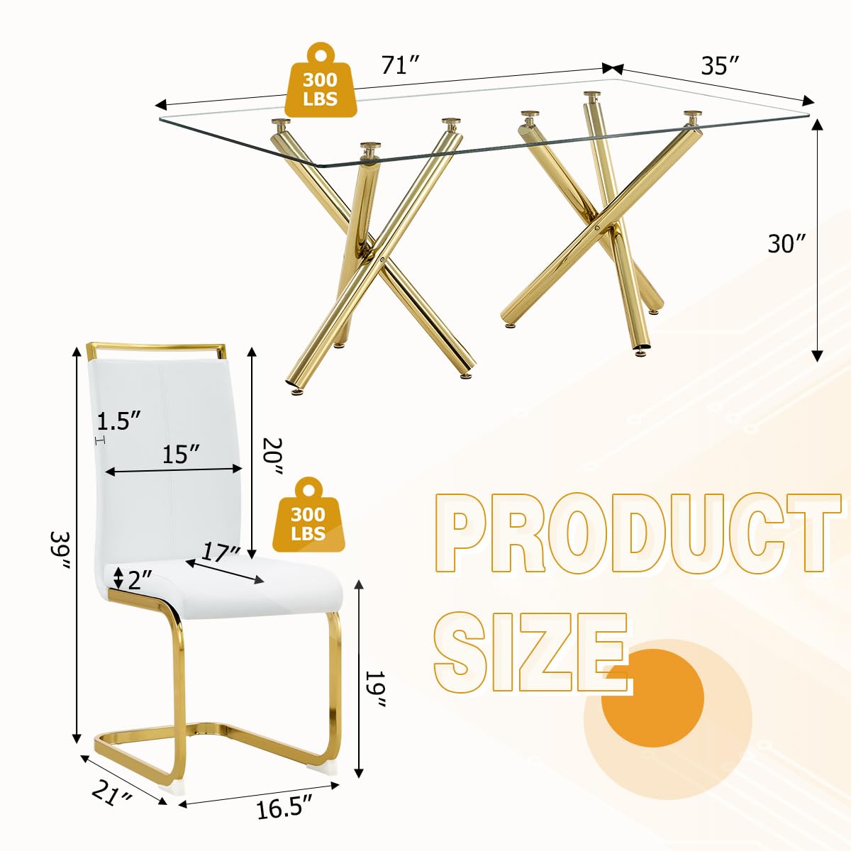 AZmac Modern Dining Table Set for 8 with Gold Metal Frame, 9-Piece Glass Dining Table with PU High Back Chairs for Kitchen Dining Room, Glass Table and 8 White Chairs