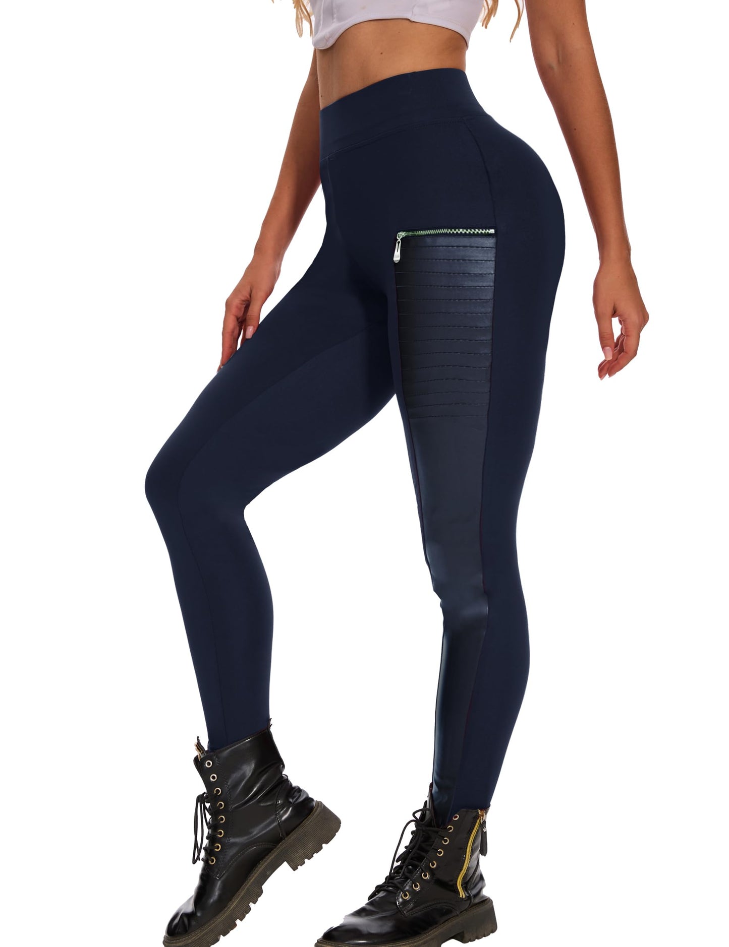 Faux Leather Leggings for Women Pleather Pant Elastic Mid Waisted Stretchy Patch Zip Tights