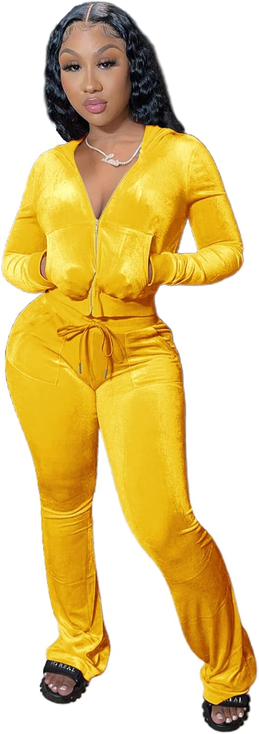 yidengymx Womens 2 Piece Velour Tracksuit Two Piece Outfits for Women Long Sleeve Zip Up Crop Tops Sweatpants Sets Pockets