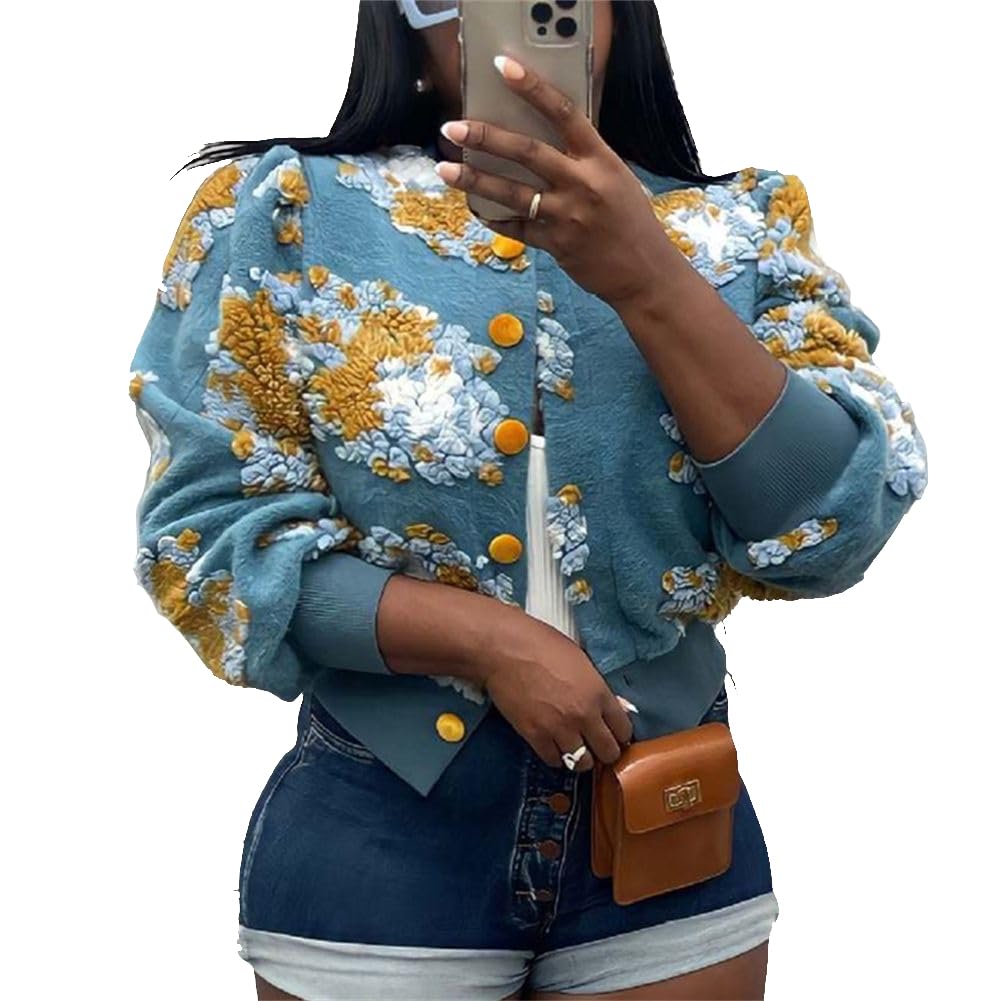 HOULENGS Women's Cropped Floral Print Fleece Bomber Jacket Casual Puff Sleeve Button Down Coats Winter Warm Outerwears