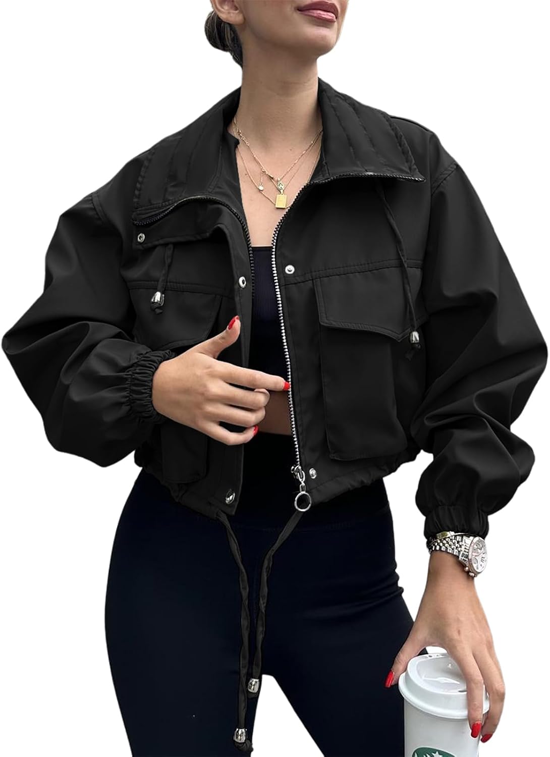 Tankaneo Womens Cropped Jacket Zip Up Lightweight Oversized Utility Anorak