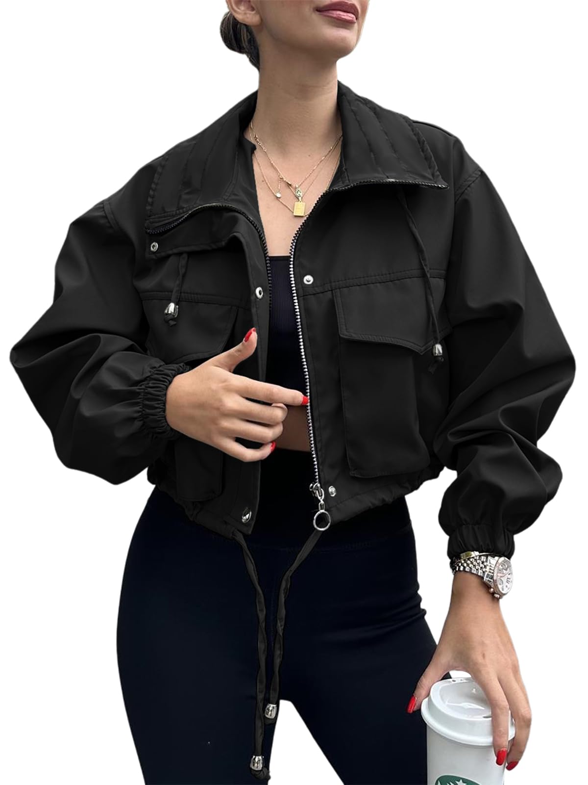 Tankaneo Womens Cropped Jacket Zip Up Lightweight Oversized Utility Anorak