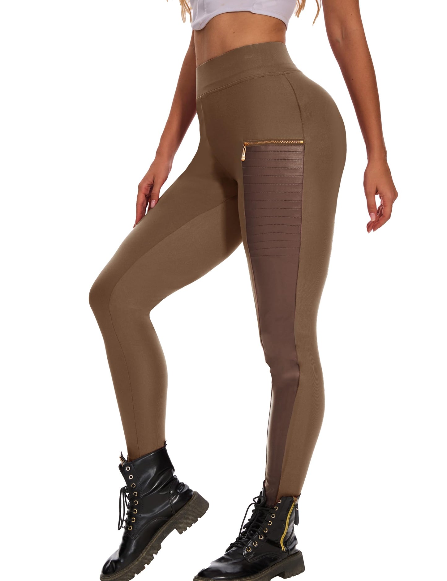 Faux Leather Leggings for Women Pleather Pant Elastic Mid Waisted Stretchy Patch Zip Tights