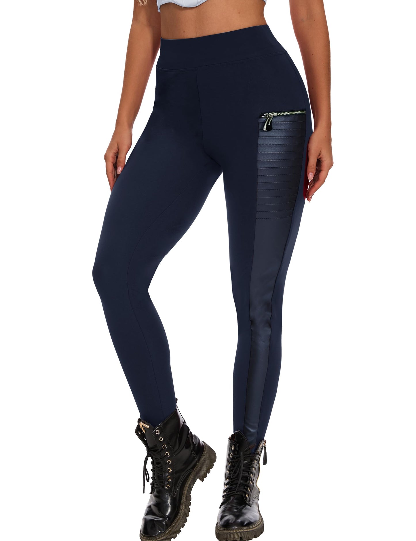 Faux Leather Leggings for Women Pleather Pant Elastic Mid Waisted Stretchy Patch Zip Tights