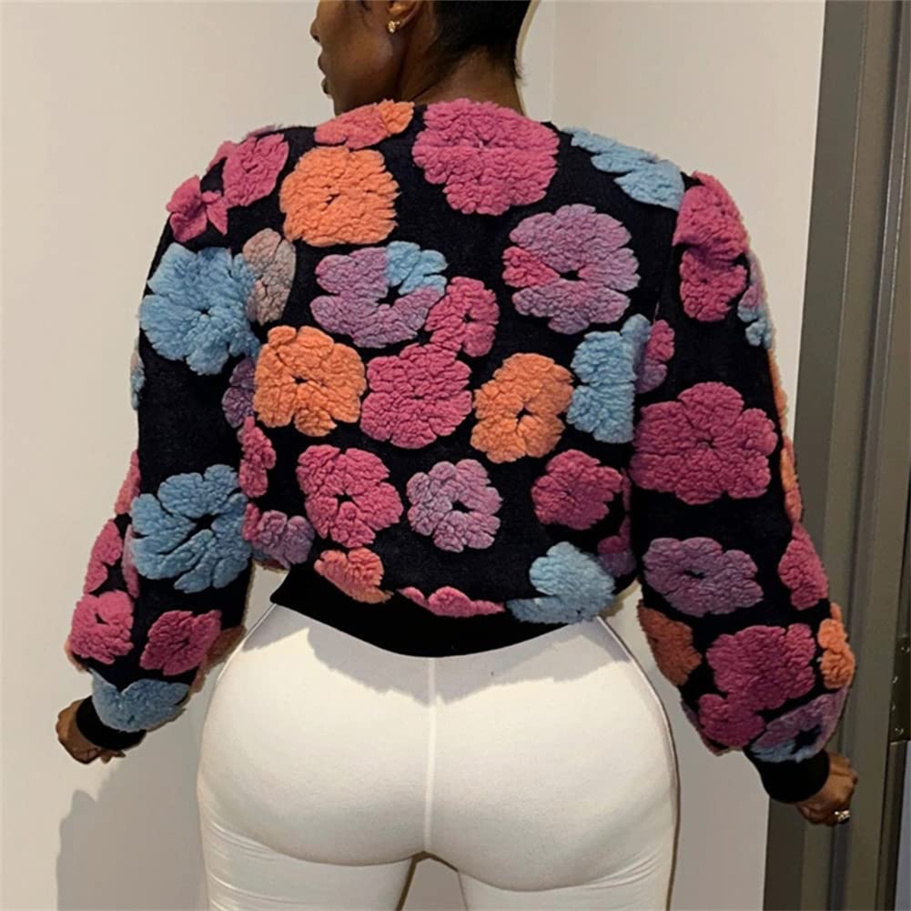 HOULENGS Women's Cropped Floral Print Fleece Bomber Jacket Casual Puff Sleeve Button Down Coats Winter Warm Outerwears
