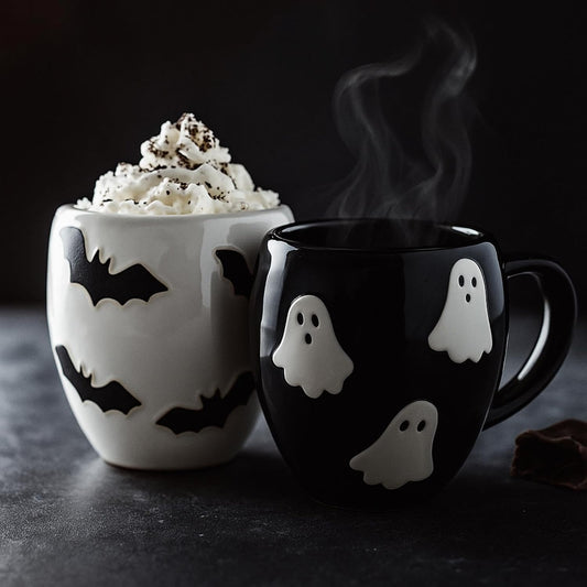 2 Pack Halloween Coffee Mug 14 oz Ceramic Ghost Bat Mug Black White Ghost Bat Drinking Cups Cute Holiday Cup Sets for Halloween Party Table Centerpieces Housewarming Gift