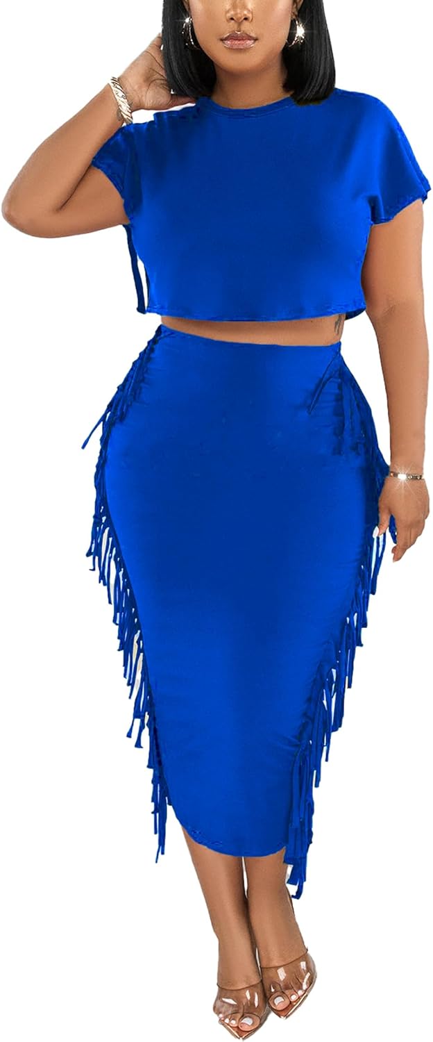 2 Piece Outfits for Women Sexy Crop Top Ruched Bodycon Maxi Dresses Fringe Skirt Sets Night Club Jumpsuits