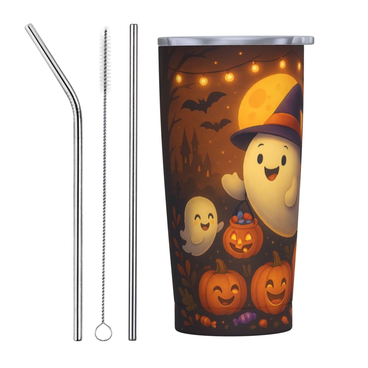 Halloween Tumbler 20 oz - Cute Ghost & Pumpkin Stainless Steel Insulated Cup with Lid & Straw, Double Wall Vacuum Travel Mug, Spooky Halloween Gifts for Women, Teens, Kids - Fall Autumn Decor