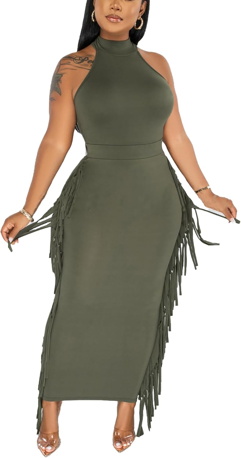 2 Piece Outfits for Women Sexy Crop Top Ruched Bodycon Maxi Dresses Fringe Skirt Sets Night Club Jumpsuits