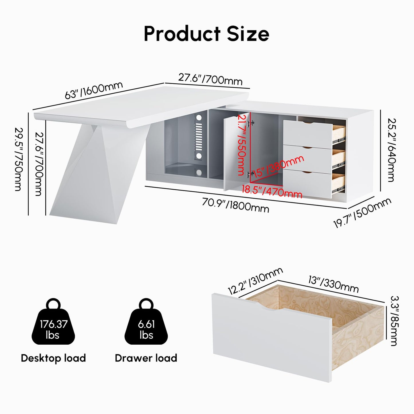 homary 70.9" Modern L-Shape Executive Desk, Home Office Desk with Drawers & Cabinet Modern Computer Desk for Home Business Furniture, Black, Right Hand