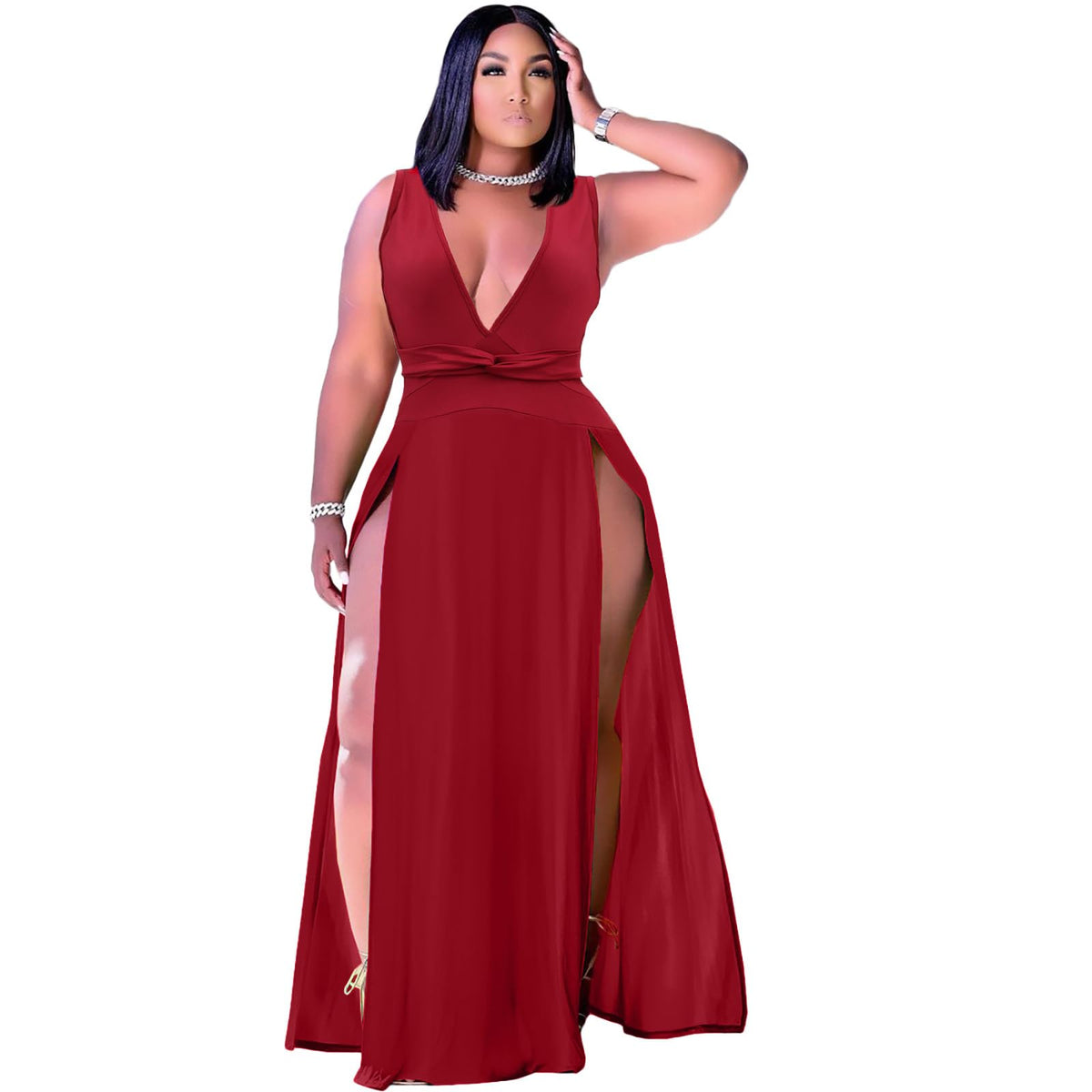 Women's Plus Size Maxi Wrap Dress Sleeveless Deep V Neck Split Dress