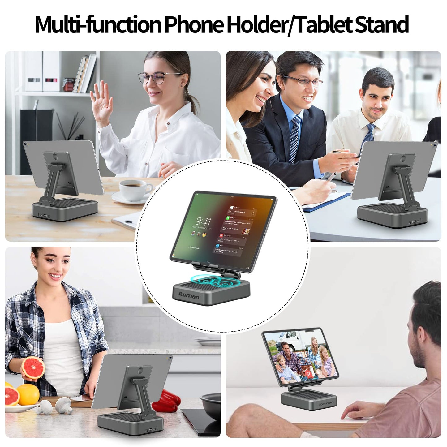 JTEMAN Tablet Stand Adjustable with Bluetooth Speakers,Kitchen Gadgets,Gifts for Women Men,Wireless Bluetooth Speaker Tablet Holder,Desk Mic Charging Sation Compatible with Phones and Tablet