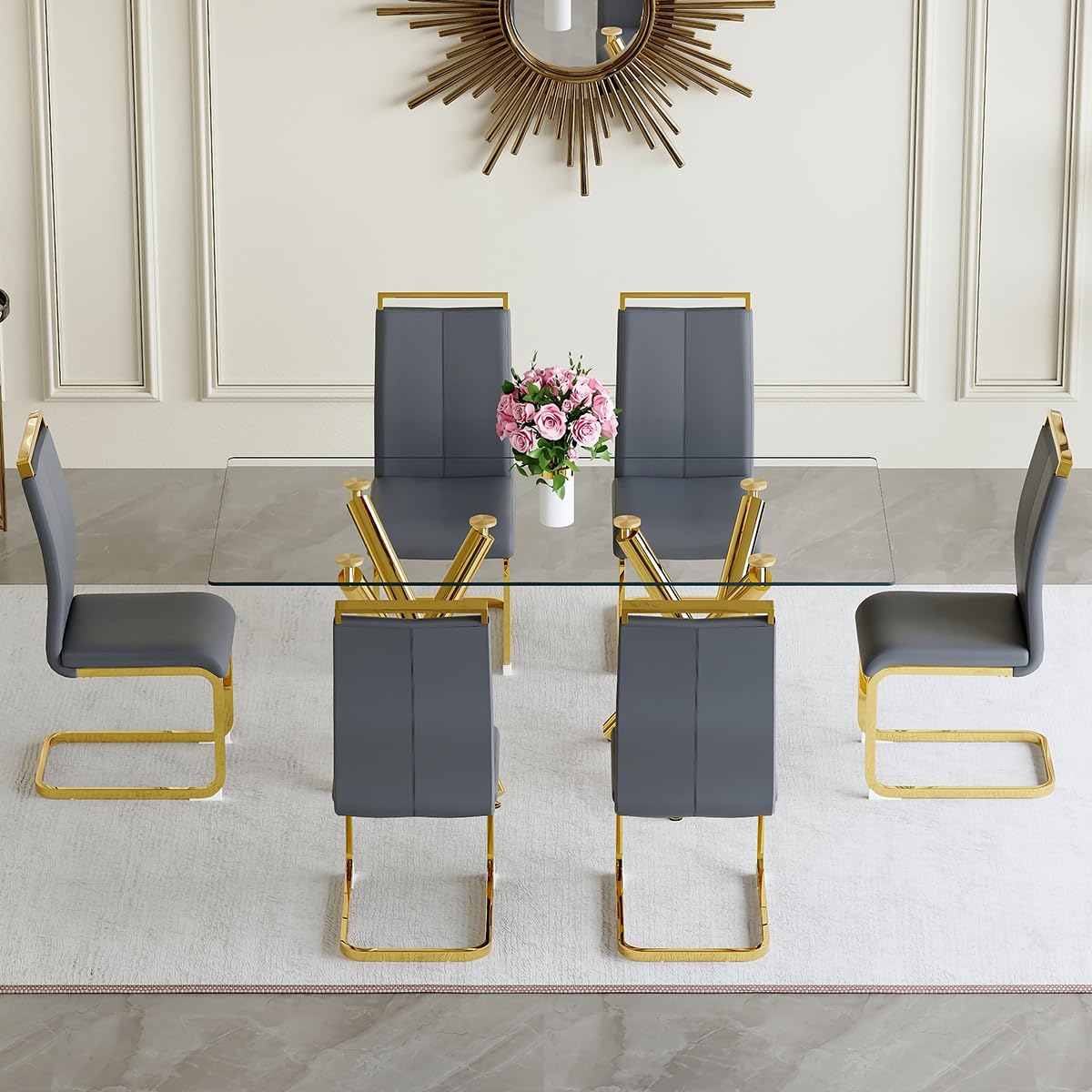 AZmac Modern Dining Table Set for 8 with Gold Metal Frame, 9-Piece Glass Dining Table with PU High Back Chairs for Kitchen Dining Room, Glass Table and 8 White Chairs