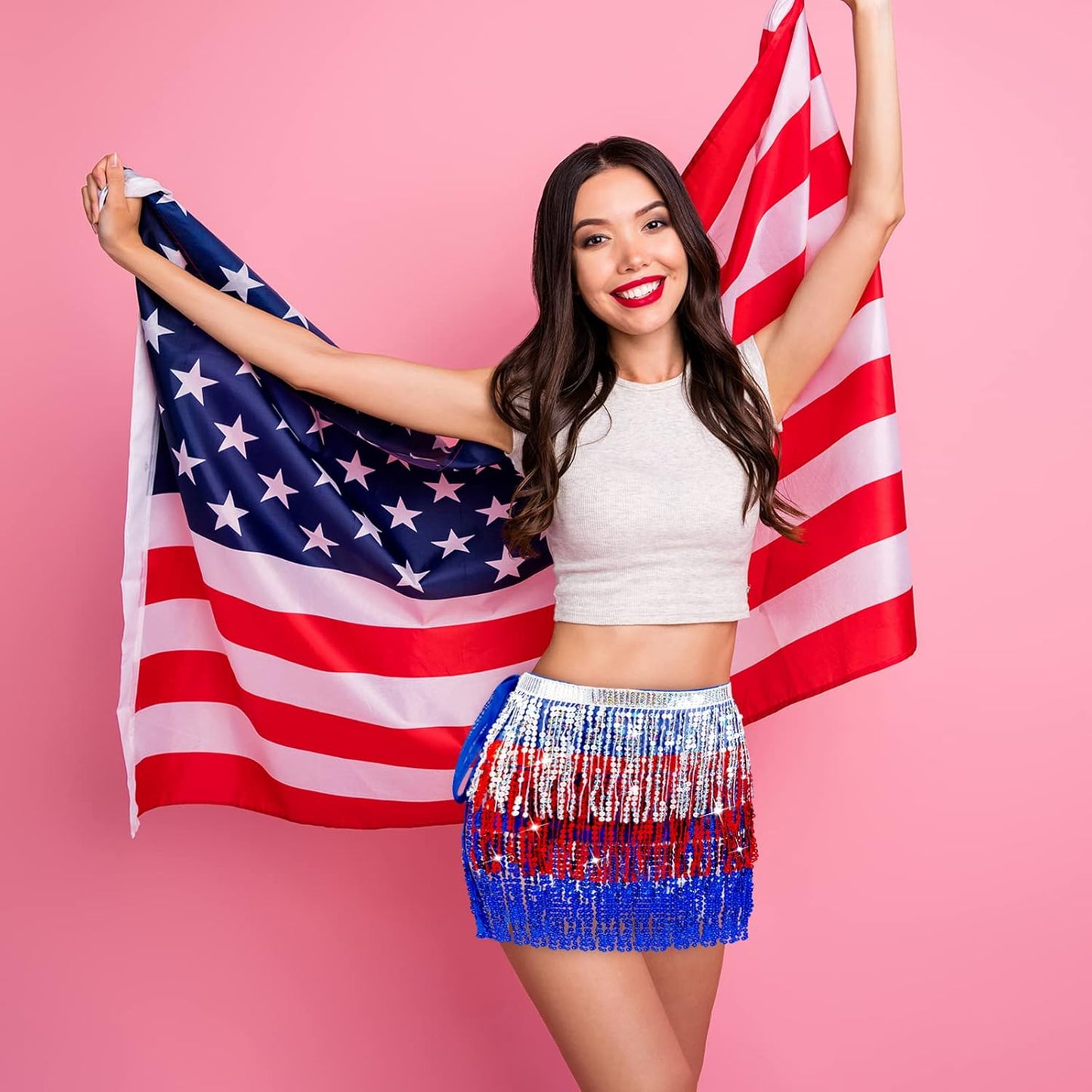 Mepase 2 Pcs 4th of July Skirt Patriotic Sequin Tassel Skirts Belly Dance Fringe Hip Scarf Boho Women's Wrap Rave Costume for Women Girls Performance Outfit Festival Carnival Party Favors Multicolor