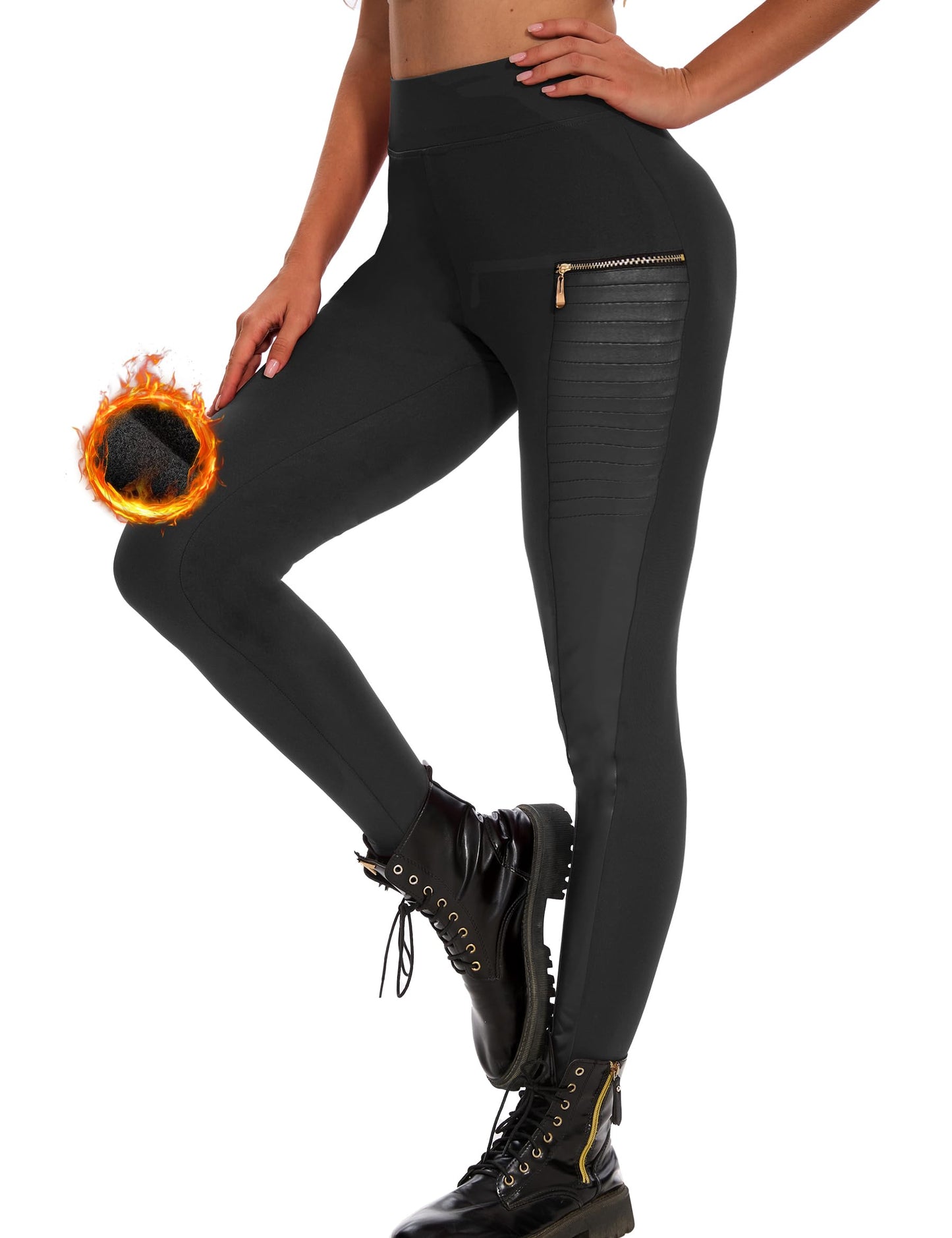 Faux Leather Leggings for Women Pleather Pant Elastic Mid Waisted Stretchy Patch Zip Tights