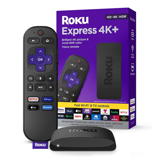 Roku Express 4K+ | Roku Streaming Device 4K/HDR with Voice Remote, Free & Live TV