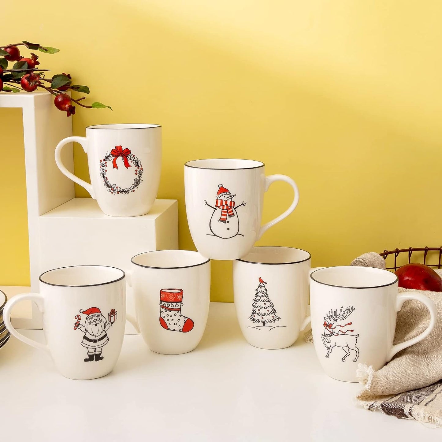 LEHAHA Christmas Coffee Mug Set of 6 – 16 oz Holiday Theme Ceramic Coffee Mugs Perfect for Latte, Tea or Milk, Give as a Christmas Gift to Family or Friends, Assorted Design