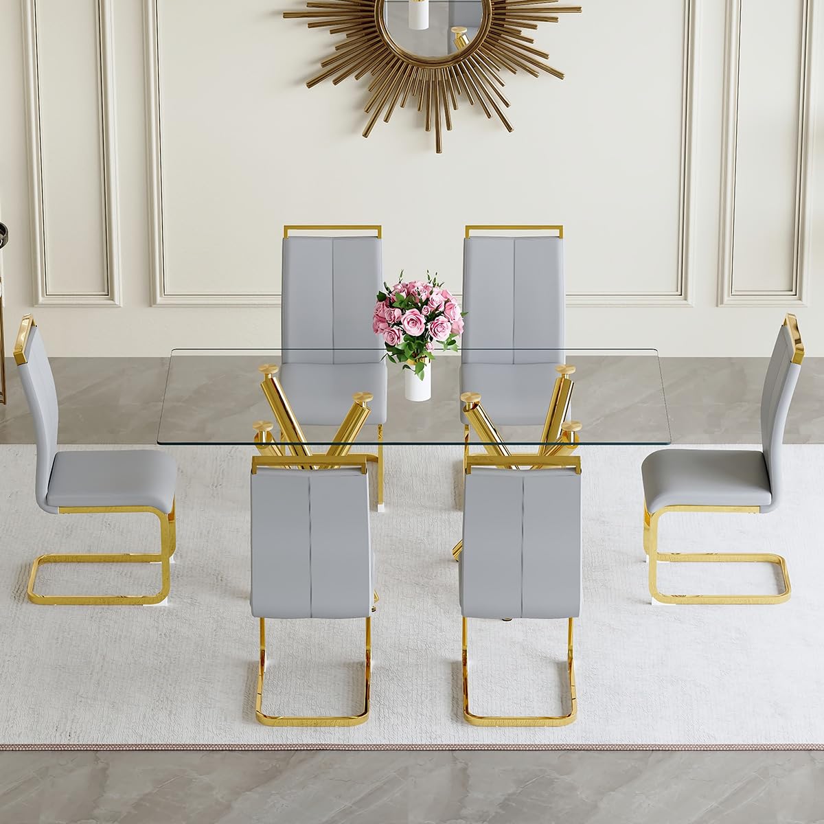 AZmac Modern Dining Table Set for 8 with Gold Metal Frame, 9-Piece Glass Dining Table with PU High Back Chairs for Kitchen Dining Room, Glass Table and 8 White Chairs