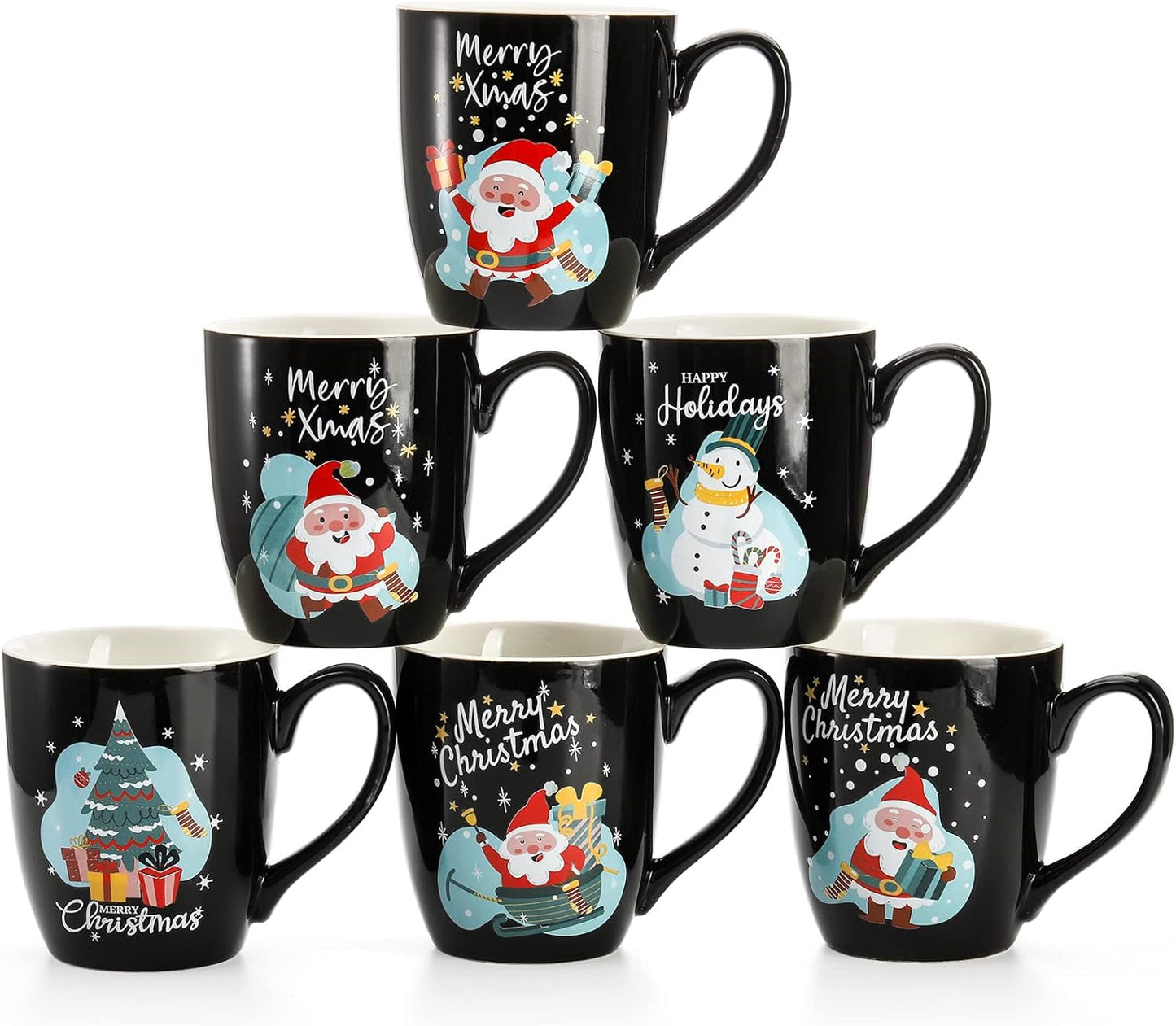 Hiceeden Set of 6 Large Christmas Coffee Mugs, 17 Oz Ceramic Santa Mugs Holiday Funny Novelty Mugs Snowman Christmas Tree for Aldult, Child, Gift, Beverage, Milk, Black