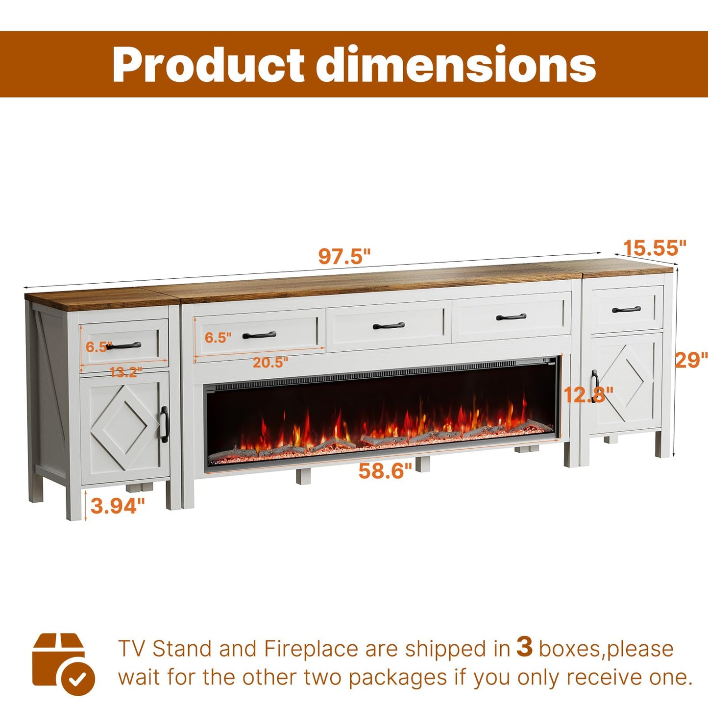 Farmhouse TV Stand with Fireplace for TVs Up to 95 Inch,Entertainment Center with 50" Electric Fireplace,88" TV Console with Storage Cabinet Drawers for Living Room(Off White)
