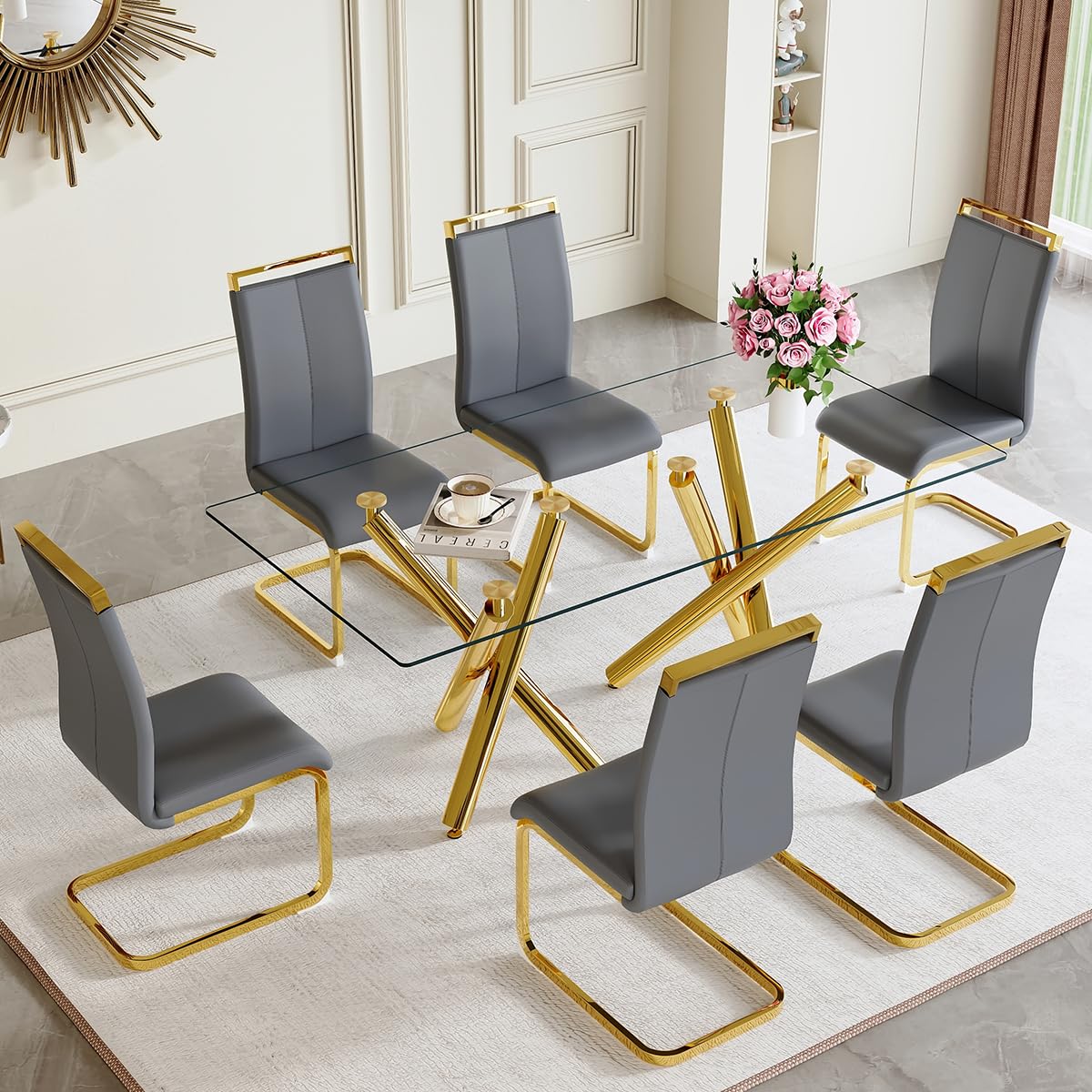 AZmac Modern Dining Table Set for 8 with Gold Metal Frame, 9-Piece Glass Dining Table with PU High Back Chairs for Kitchen Dining Room, Glass Table and 8 White Chairs