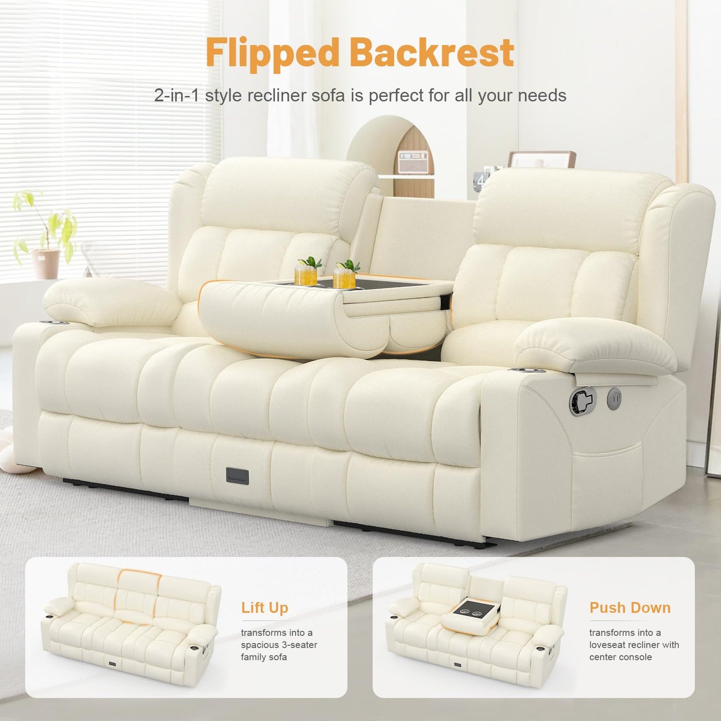 Loveseat Recliner Sofa, Flip Middle Backrest Design 3 Seat Reclining Sofa with Storage Drawer, USB Ports & Cup Holders, Manual Couch for Living Room/RV (Gray)